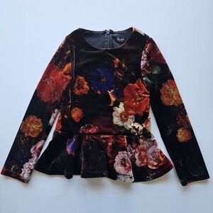 Bardot Junior Kids Velvet Multicolor Floral Peplum Designer Longsleeve Top